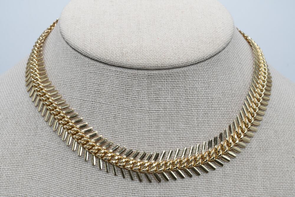 Vintage W Germany Eloxal Fishbone Necklace Gold Tone Aluminum 14.5”